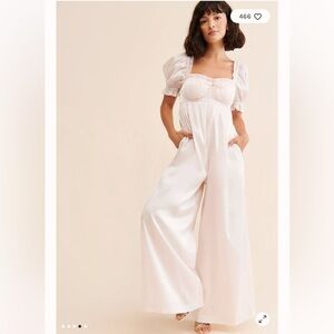 Selkie Pale Blush Satin Puff-Sleeve Wide-Leg Jumpsuit